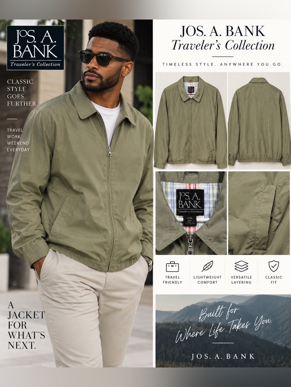 Jos. A. Bank Men's Traveler's Collection Olive Zip-Front Jackett size XXL